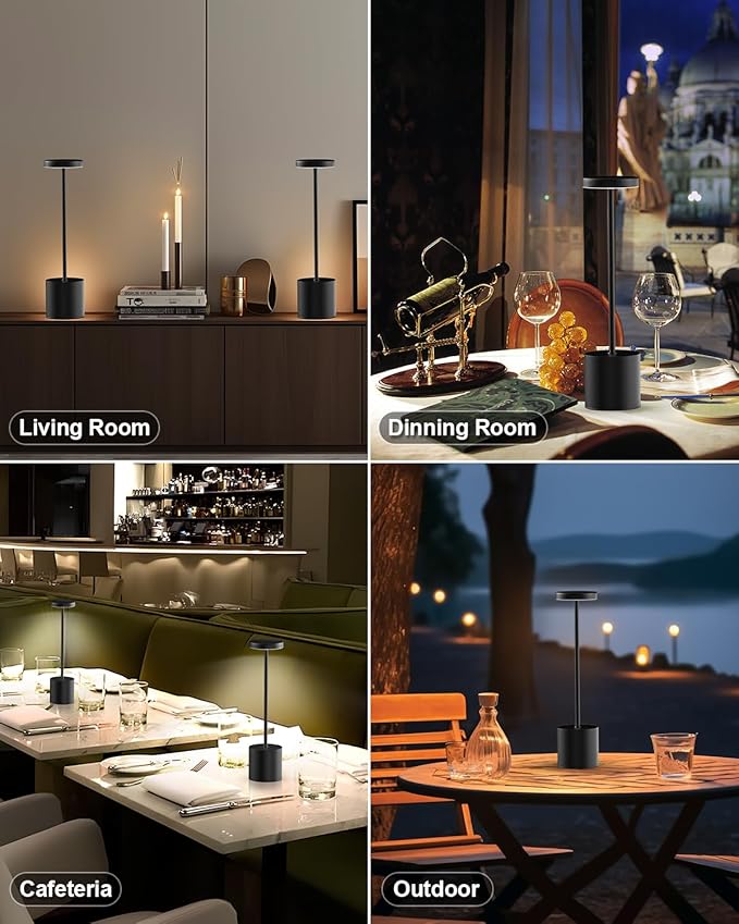 Cordless Table Lamp Set of 2, Rechargeable 5000mAh Battery Powered Outdoor Table Lamps, Portable LED Desk Lamp, 3 Color Dimmable Light for Restaurant, Patio, Bedroom, Bedside Night Lamp(Black) - Bloomnest