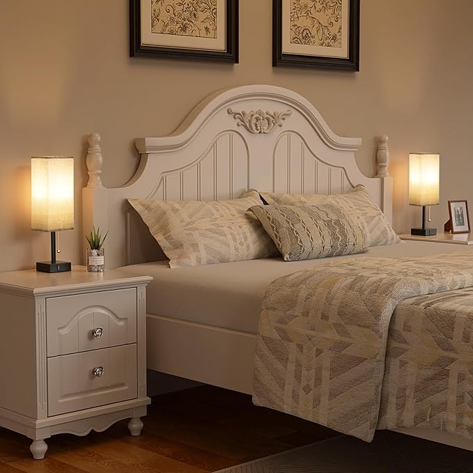 Bedside Table Lamps Set of 2 - Gray Bedroom Lamps with 3 Color Temperatures (3000K/5000K/4000K), Square Nightstand Light with USB C + A Charging Ports, Pull Chain Small Night Light - Bloomnest