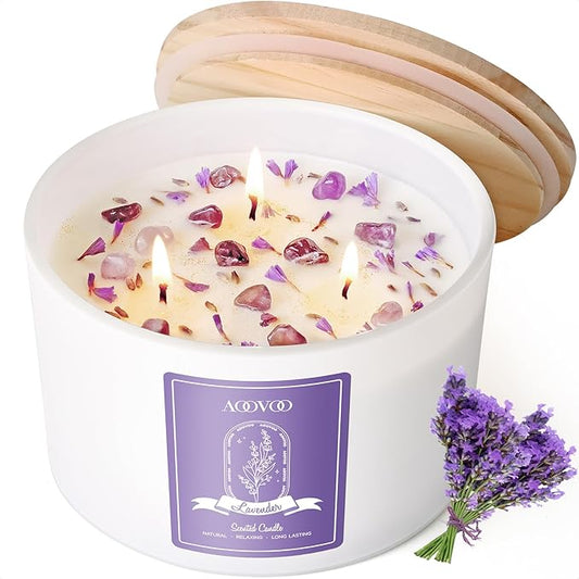 AOOVOO Lavender Scented Candles for Women - 20oz 3 Wick Soy Candles for Home Scented, Aromatherapy Candle with Crystals Inside, Birthday Gifts Christmas Candle for Women Mom - Bloomnest