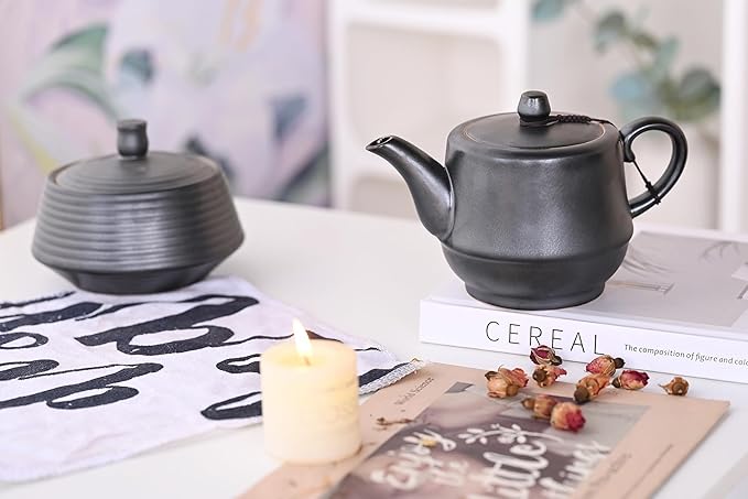 Rural Style Ceramic Teapot with Stainless Steel Infuser 16 Ounces Porcelain Blooming & Loose Leaf Teapot (Black)