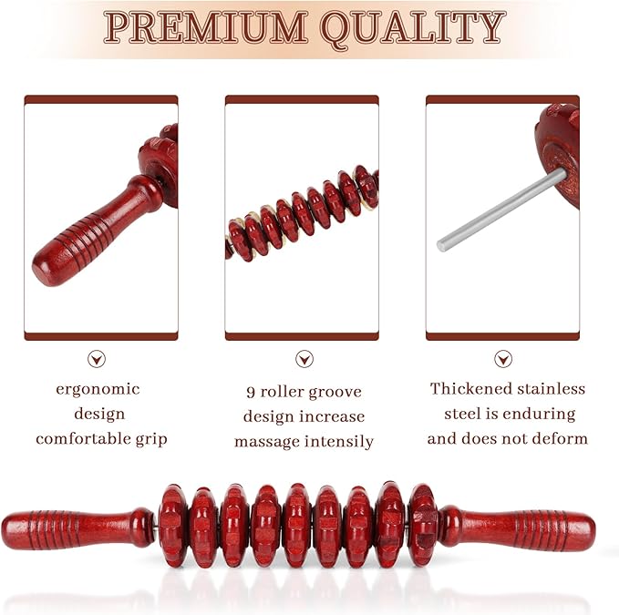 Liitrton Manual Wooden Fascia Massage Roller Trigger Points for Release Cellulite Sore Muscle Blasting (Red) - Bloomnest