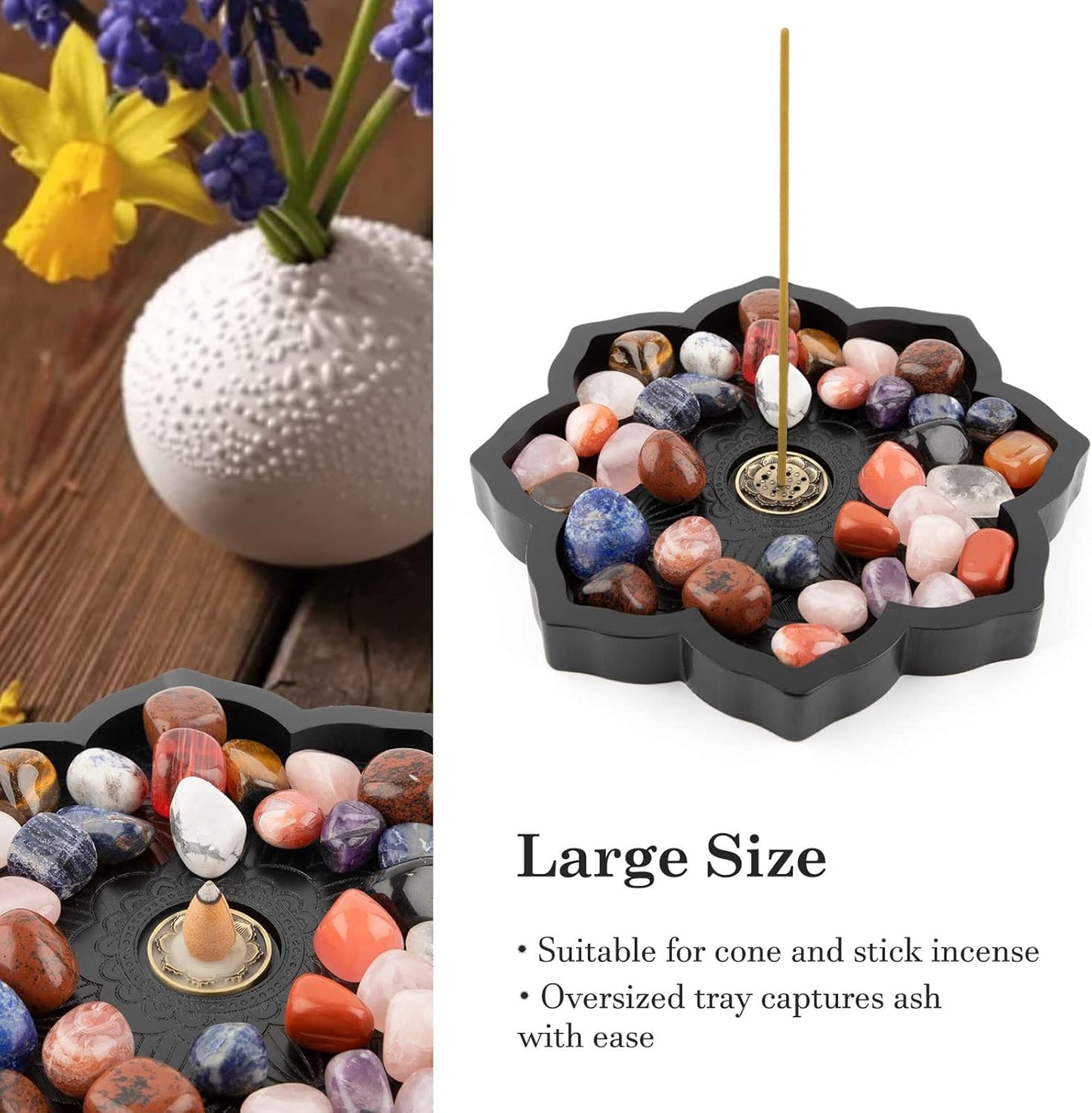 Lotus Crystal Tray, Wooden Incense Burner for Stick/Cone, Gemstone Display Holder, Organizer for Rocks, Essential Oil, and Jewelry