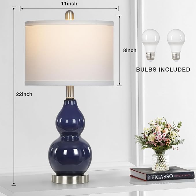 Double Gourd Ceramic Table Lamps Set of 2, Modern Navy Blue Bedside Lamps for Night Stand, Contemporary Nightstand Lamps for Bedroom Living Room (Bulb Included) - Bloomnest