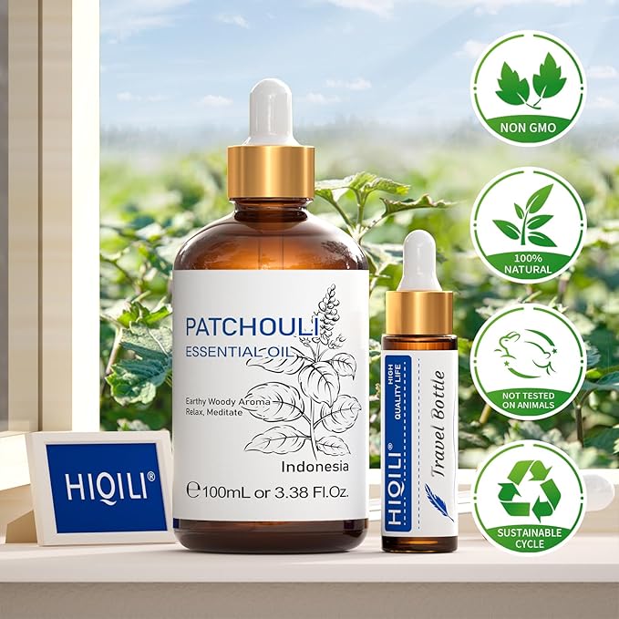 HIQILI Patchouli Essential Oil,100% Pure & Natural for Homemade Perfume, Sooth Skin, Nourish Hair at Home with Diffuser, Gift for Hippie Friend - 3.38 Fl Oz - Bloomnest
