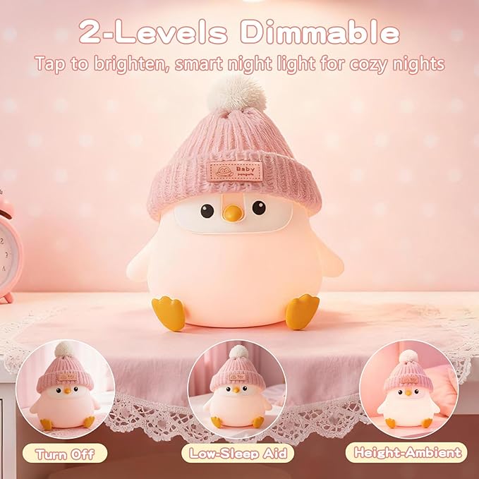 Penguin Silicone Night Light, Cute Pink Penguin Lamp with Knitted Hat, Soft Nursery Nightlight, USB Rechargeable/Dimmable,LED Squishy Novelty Animal Bedside Lamp,Funny Gifts for Kids/Girls - Bloomnest