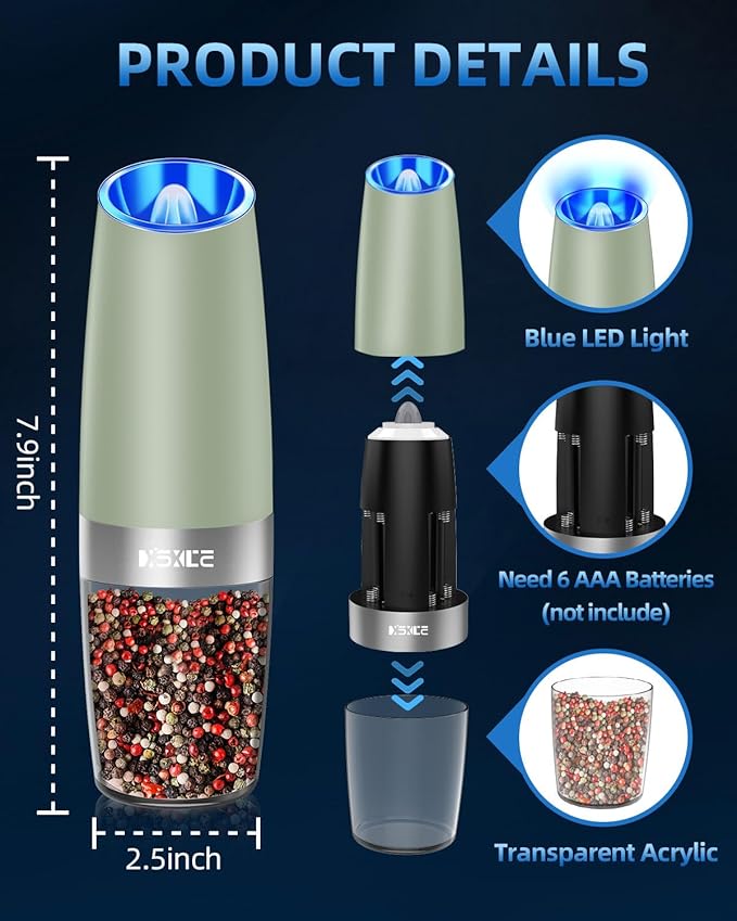 Gravity Electric Pepper and Salt Grinder Set, Adjustable Coarseness, Battery Powered with LED Light, One Hand Automatic Operation,Light Green, 2 Pack - Bloomnest
