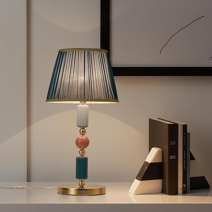 Green Fabric Shade Table Lamp Modern Metal Desk Lamp with Plug Cord Switch for Bedroom Bedside - Bloomnest