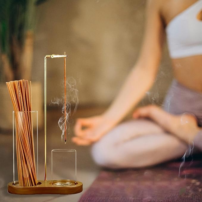 Incense Holder for Sticks with Ash Catcher-2 in 1 Glass Incense Stick & Candle Holder with Storage, Anti-Ash Flying insence-Sticks Burner for Meditation Yoga Spa Home Decor sage (Dark Base) - Bloomnest