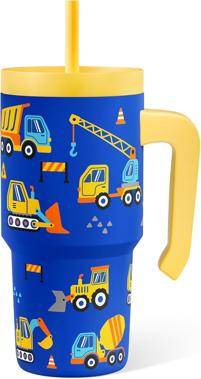 Construction Tumbler 20oz with Handle and Silicone Straw Lid for Kid, Insulated Stainless Steel Cup, Gift for Kids Boys, Gifts Idea for Birthday Christmas Back to School - Bloomnest