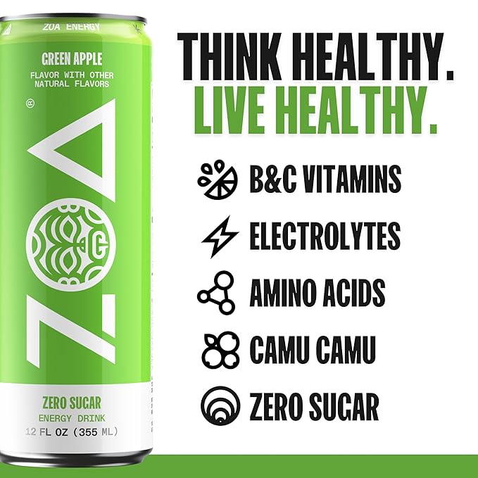 ZOA Zero Sugar Energy Drinks, Green Apple - Sugar Free with Electrolytes, Healthy Vitamin C, Amino Acids, Essential B-Vitamins, and Caffeine from Green Tea - 12 Fl Oz (12-Pack) - Bloomnest
