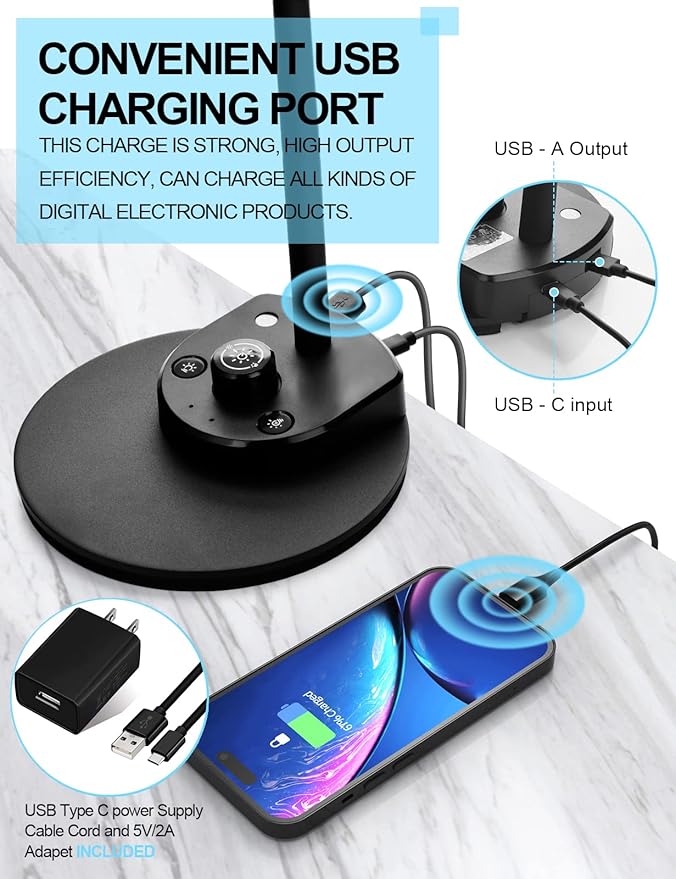 BOHON LED Desk Lamp with USB Charging Port 3 Color Modes Dimmable Reading Light Intelligent Induction Auto Dimming Task Lamp Flexible Gooseneck Table Lamp for Bedside Office, AC Adapter Include - Bloomnest