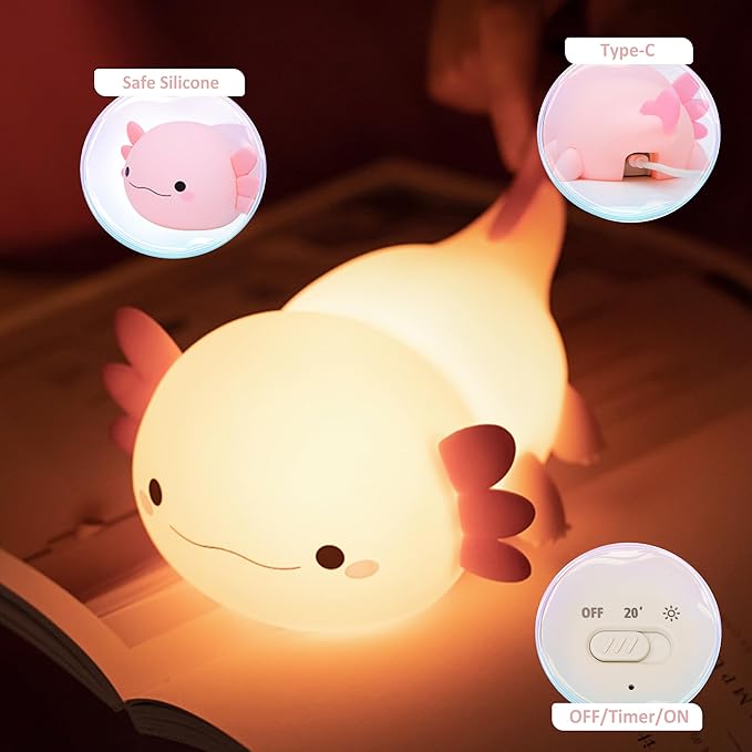 Axolotl Night Light, Cute Night Light for Kids, Animal Silicone Nursery Night Lamp, Timer Dimmable Rechargeable LED Nightlight, Soft Feeding Room Decor Bedside Lamp Gifts for Kids Girls Boys Women - Bloomnest