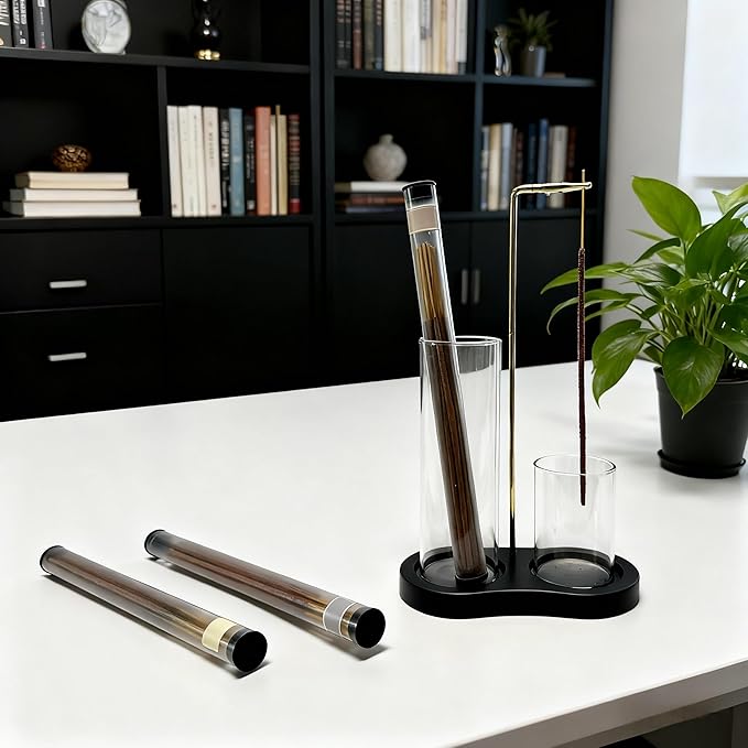 Glass Incense Holder, Incense Sticks Burner Holder with Storage,Hang Upside Down Incense Holder for Sticks with Glass Ash Catcher for Meditation Yoga Spa Room Decor (Black Color) - Bloomnest
