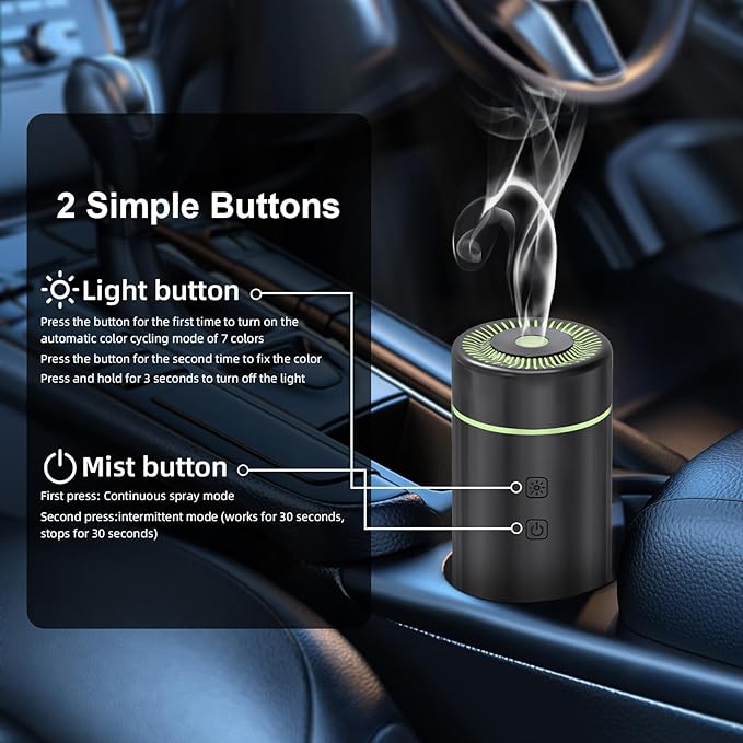100ML Car Diffuser, USB Rechargeable Battery Operated, Powered Cordless Essential Oil Humidifier, 7 LED Color Lights 2 Timer Modes for Car Outdoor Home (Black) - Bloomnest