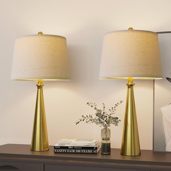 Oneach 25.75" 3-Way Dimmable Touch Control Modern USB Table Lamp Set of 2 for Living Room Bed Room Bedside Nightstand Lamps Fabric Shade Vintage Accent Light Gold Antique Brass - Bloomnest