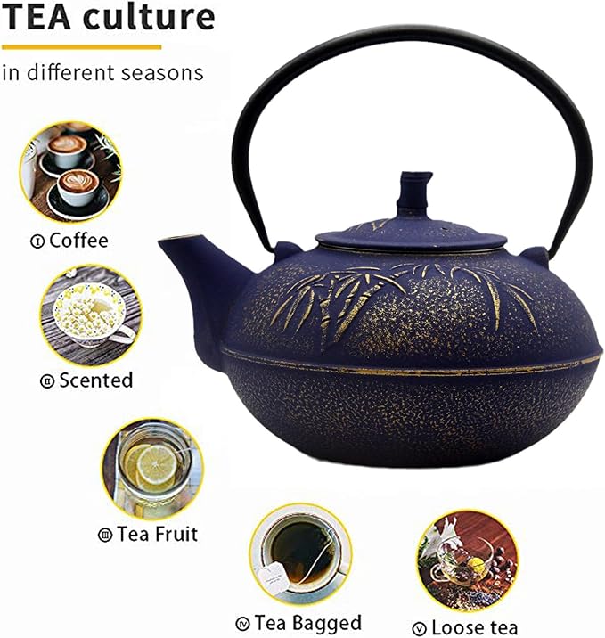 YJX 84.6oz/2500ml Big Cast Iron Tea Kettle for 5 to 8 Persons, Teapot with Stainless Steel Infuser, Cast Iron Teapot with Enamel Interior for Stovetop Safe (2500ml Purple Teapot with Bamboo Pattern) - Bloomnest