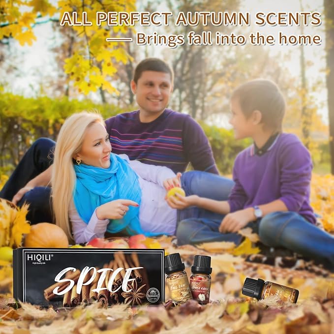 HIQILI Spice Fragrance Oil, Scented Oil 6x10ml for Candle Making Soap Slime, Fall Essential Oils for Diffuser Home, Cinnamon Pumpkin Vanilla Apple Cider Harvest Spice Fall Leaf, Christmas - Bloomnest