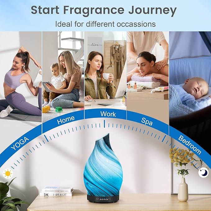 Essential Oil Diffuser, 120ML Glass Aromatherapy Diffuser with Auto Shut-Off and 7 Color LED Lights, Ultrasonic Mist Humidifier with 4 Timer for Home Office Bedroom (Gray Wave) - Bloomnest