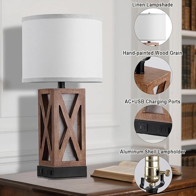 Wood Table Lamp, Vintage Nightstand Lamp with USB Charging Ports A/C, Farmhouse Bedside Lamps for Living Room - Bloomnest