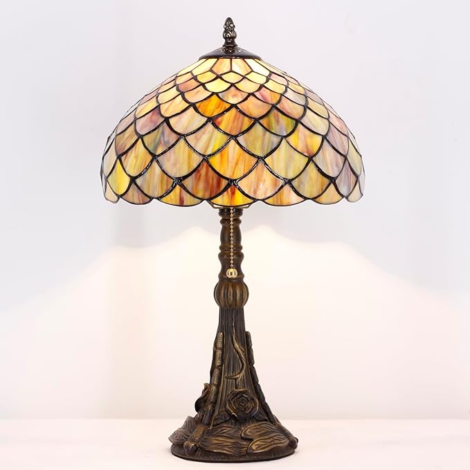 Tiffany Stained Glass Table Lamp 12X12X19 Inch Brown Fish Scales Style Desk Bedroom Living Room Reading Light(Brown Fish Scales) - Bloomnest
