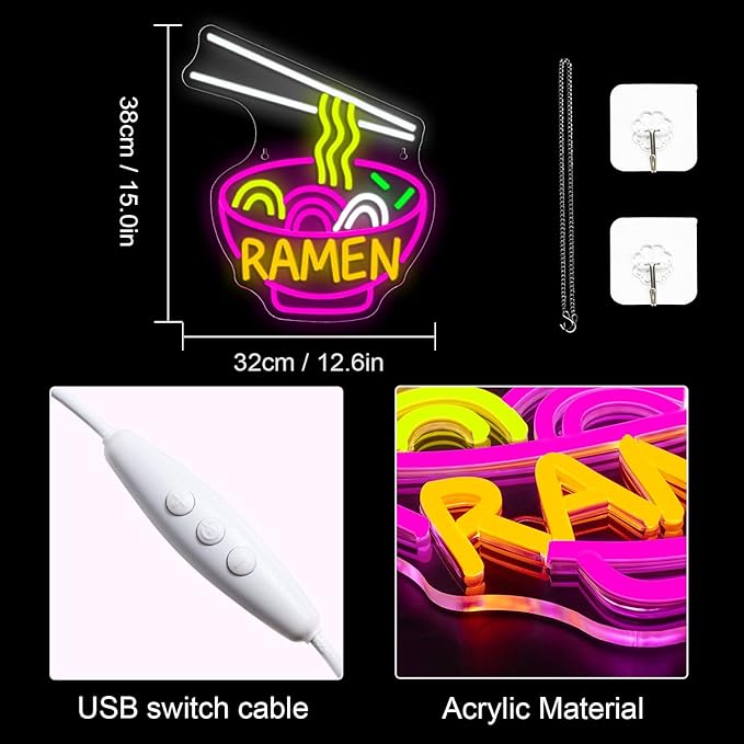 Lucunstar Ramen Neon Sign Colorful Neon Signs Noodle LED Sign Neon Signs for Wall Decor Pink Neon Lights for Party Neon Light Sign for Fast Food Kitchen Restaurants Bar Ramen LED Light Sign - Bloomnest