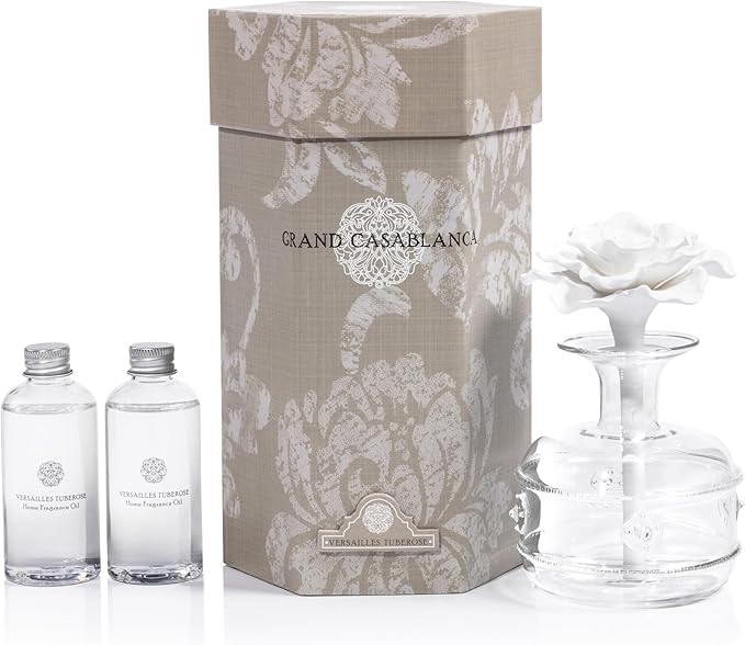 Zodax Grand Casablanca Porcelain Oil Diffuser - Home Fragrance Oil Diffuser Ideal for Living Room, Bathroom, Office - Flower Design - Gift Box Packaging Included - Versailles Tuberose - 6.76 Oz.