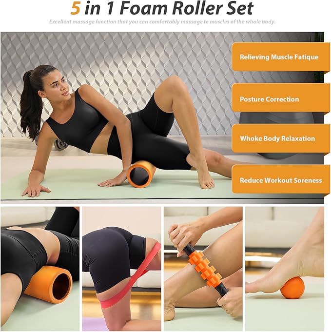5 in 1 Foam Roller Set - Trigger Point Foam Back Roller, Muscle Roller Stick, Massage Ball, Stretching Band for Deep Muscle Massage Pilates Yoga,Fitness Exercise for Whole Body Release (Pure Orange) - Bloomnest