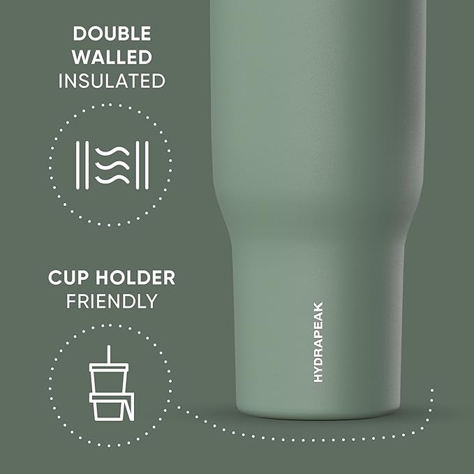 Hydrapeak Voyager 40 Oz Stainless Steel Tumbler with Handle, Insulated Water Bottle With Straw & Lid, Cupholder Friendly Reusable Travel Mug (Sage Leaf) - Bloomnest