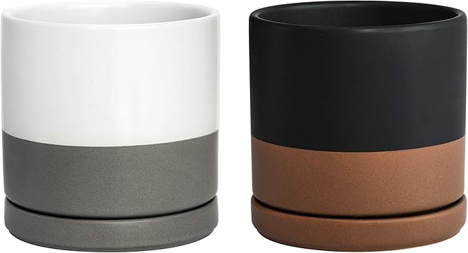 D'vine Dev Set of 2 Plants Pots, 6 Inch Ceramic Planter Pot for Plants with Drainage Hole and Saucer, White-Grey/Black-Tan, 94-V-C-C - Bloomnest