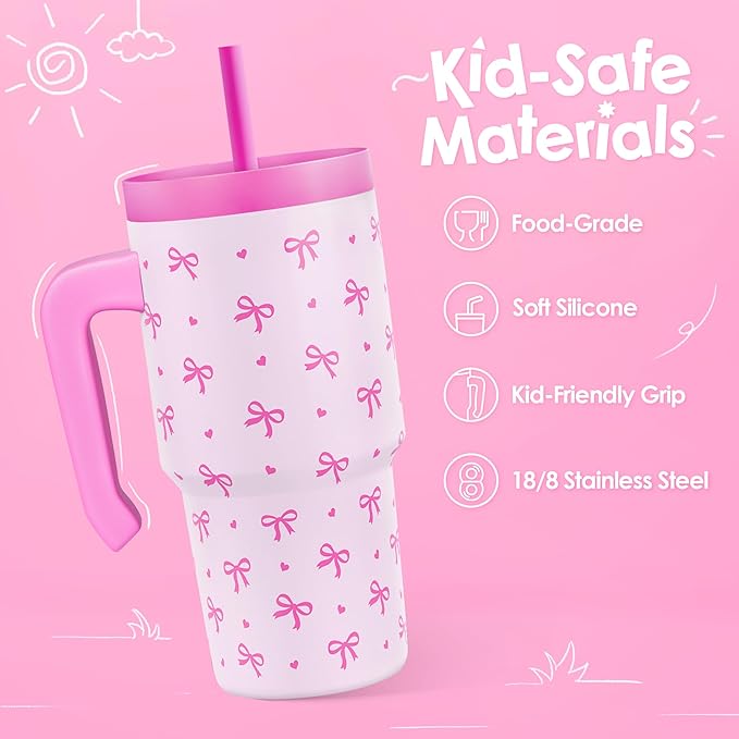 Bow Tumbler 20oz with Handle and Silicone Straw Lid for Kid, Insulated Stainless Steel Cup, Gift for Kids Girls, Gifts Idea for Birthday Christmas Back to School - Bloomnest