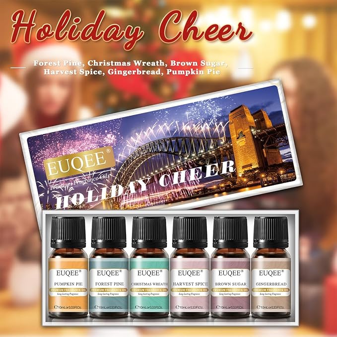 EUQEE Holiday Cheer Premium Fragrance Oils Set of 6 - Forest Pine, Christmas Wreath, Brown Sugar, Harvest Spice, Gingerbread, Pumpkin Pie - Scented Oils for Diffuser, Candle Making (10ml) EUQEE