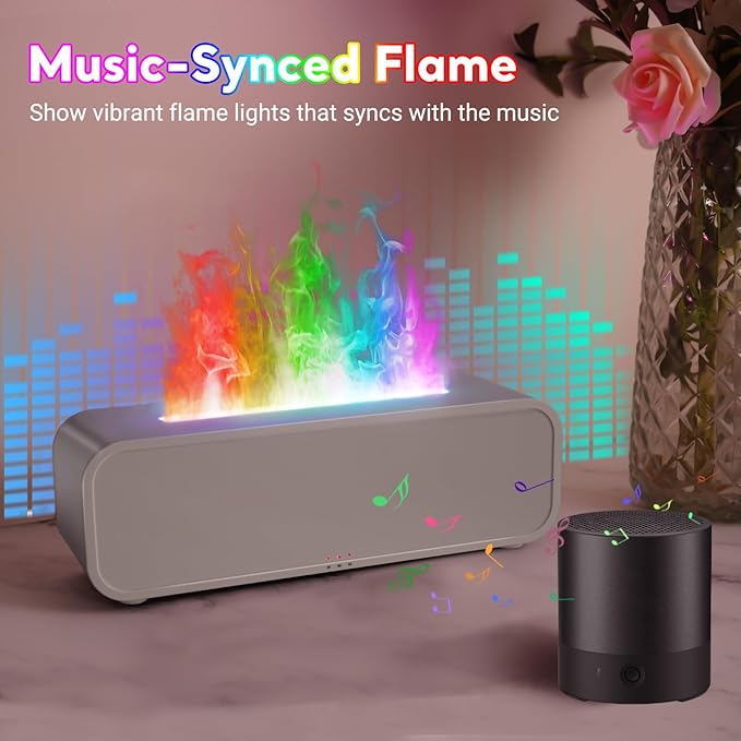 Essential Oil Diffuser, 250ml Flame Oil Diffuser - Aromatherapy Humidifier, Sound Activated Flame Effect, Rainbow Flame, Music Sync, Remote Control - Perfect for Bedroom Home Office Yoga (White) - Bloomnest