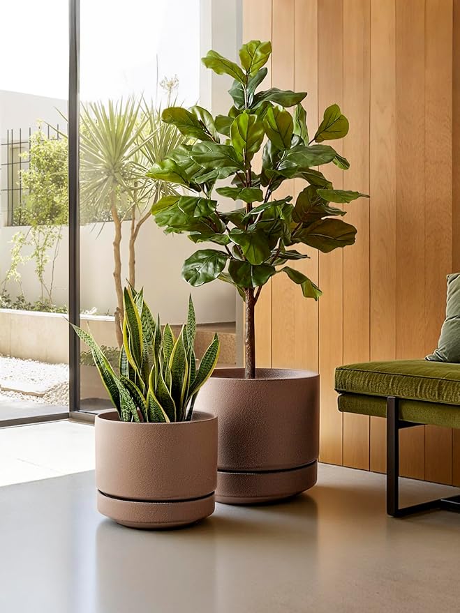 LE TAUCI Large 14 Inch Plant Pot with Saucer | Ceramic Outdoor & Indoor Big Planter Pot | Drainage Hole, Mesh Pad & Plug | Unglazed Porous | Modern Minimalist for Home and Patio – Terracotta Color - Bloomnest