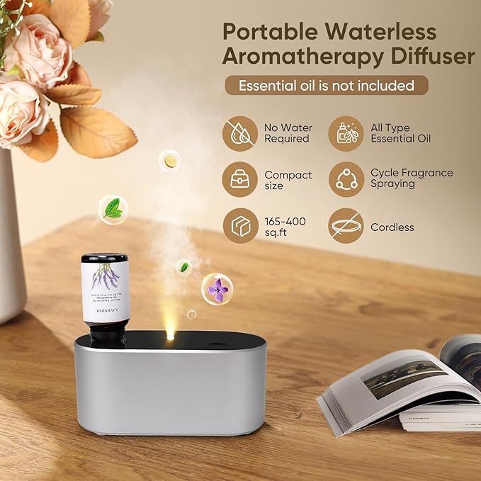 Waterless Diffuser for Home Essential Oil Diffuser, Aromatherapy Diffuser, Portable Scent Diffusers, 3 Mist Modes, Cycle Start for Bedroom, Office Studio 350-700 sq. ft Silver - Bloomnest