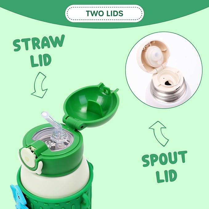 Kids Insulated Tumbler Set – 16oz Stainless Steel Water Bottle with Straw & Pour Lids, Screw-On Cup, Adjustable Strap, Silicone Sleeve & Charms – Leakproof BPA-Free Bottle for Boys & Girls - Bloomnest