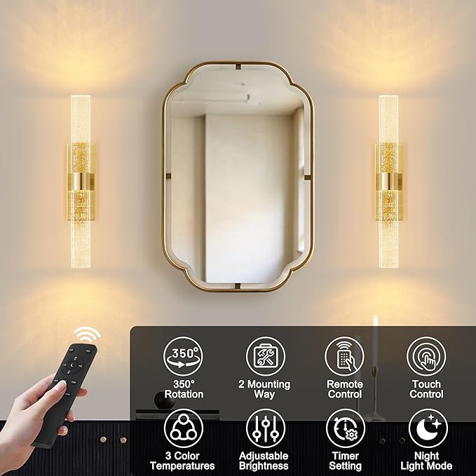 Gold Battery Operated Wall Sconce Set of Two,Rechargeable Wireless Wall Lights with Remote Control,350°Rotate,3000K/4000K/6000K,Dimmable,Timer,for Bedroom,Living Room,Hallway,15.3 Inch - Bloomnest