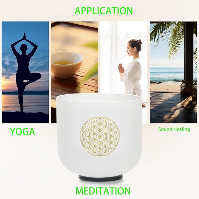 8" C Note 432HZ Flower of Life Crystal Singing Bowl Frosted Quartz Root Base Chakra Meditation Sound Healing with Durable Carrying Case Suede Striker O-ring - Bloomnest