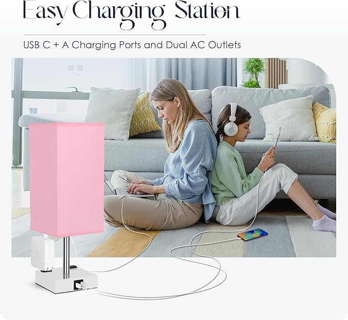 Bedside Lamp with USB Ports - Touch Control Table Lamp for Bedroom with USB C+A Charging Ports & AC Outlets, 3 Way Dimmable Nightstand Light with White Base for Living Room (LED Bulb Included, Pink) - Bloomnest