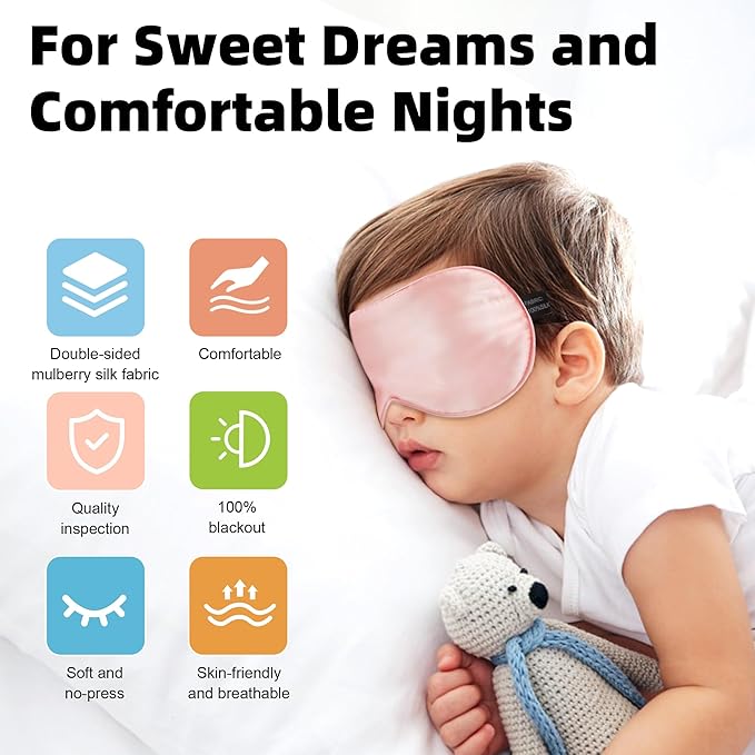 Silk Sleep Eye Mask for Kids, 100% Real Natural Pure Silk Sleeping Masks, Blindfold Sleep Eye Cover with Adjustable Strap, Soft & Lightweight Night Eyeshade for Boys Girls Teens (2 Pack)
