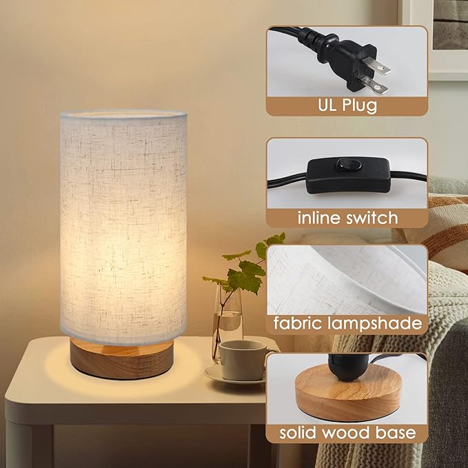 Minimalist Dimmable Nightstand Lamp with Round Fabric Linen Shade, 3 Color Temperatures, Desk & Bedside Lamp for Study, Living Room, Bedroom, Office, Dorm - Bloomnest