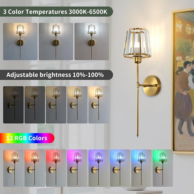 Battery Operated Crystal Wall Sconce Set of 2, Brushed Gold Wireless Wall Light with Remote Control, LED Dimmable 15 Colors USB Rechargeable Light Bulbs Wall Lamp for Bedroom Living Room Hallway - Bloomnest
