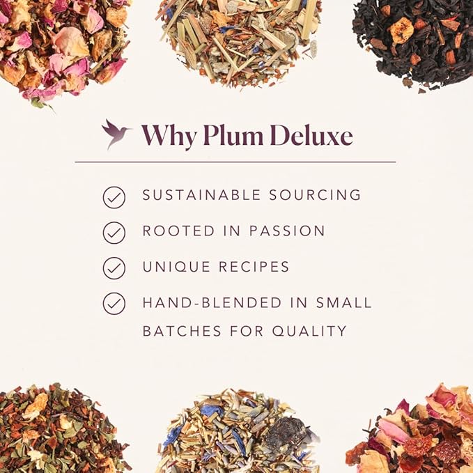 Herbal Tea Sampler – 5 Caffeine-Free Loose Leaf Blends for Sleep and Relaxation, Fruity and Dessert-Inspired Flavors, 75 to 100 Cups – Handcrafted in USA – Plum Deluxe - Bloomnest