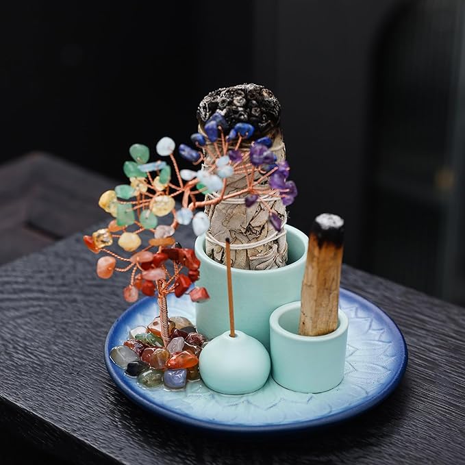 5 in 1 Incense Burner Holder with Crystal Tree for Burning Palo Santo Stick, Sage, Incense Sticks, Candle, Ceramic Tray Ash Catcher, Meditation Gift (Sky-Blue) - Bloomnest