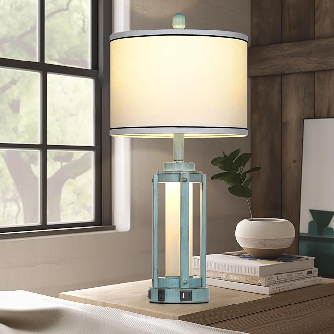 Table Lamp for Living Room, Vintage Rustic Industrial Farmhouse Lamps with USB A+C Charging Ports & AC Outlet, Beside Nightstand Metal Lamp with LED Night Light & Fabric Shade for Bedrooms - Bloomnest