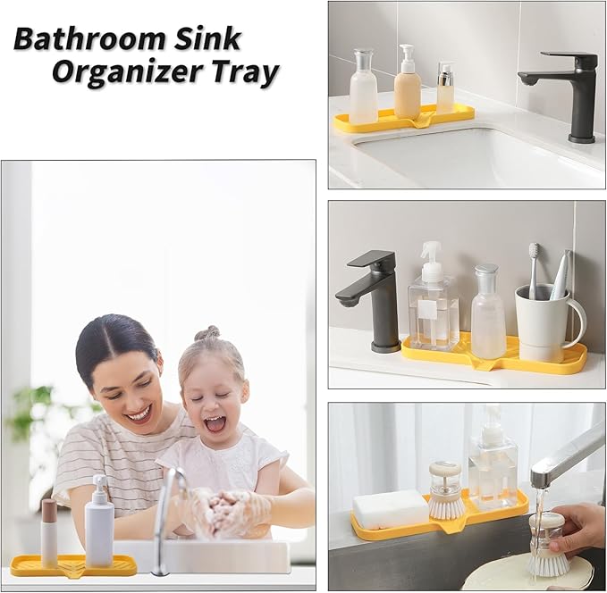 Silicone Bathroom Soap Dishes with Drain Spout-Bathroom and Kitchen Sink Organizer,Sponge Holder,Dish Soap Tray,Perfect for Dispenser,Scrubber,Bottle,Cup on Sink or Counter-Yellow 12"×4" - Bloomnest
