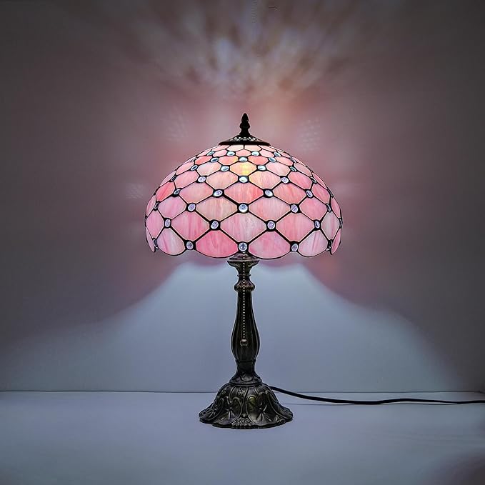 Tiffany Lamp Vintage Pink Stained Glass Bead Table Lamp Desk Bedside Reading Light Decor Bedroom Living Room Home Office D12*H18 Inches - Bloomnest