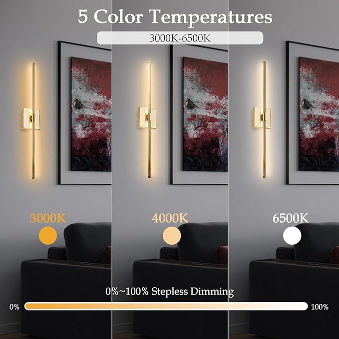 LED Wall Sconces with Remote Control, 5 Colors 3000K-6500K & Dimmable, Hardwire Wall Light with Timer & Night Light, LED Gold Wall Lamps for Living Room, Bedroom, 27.55 Inch - Bloomnest