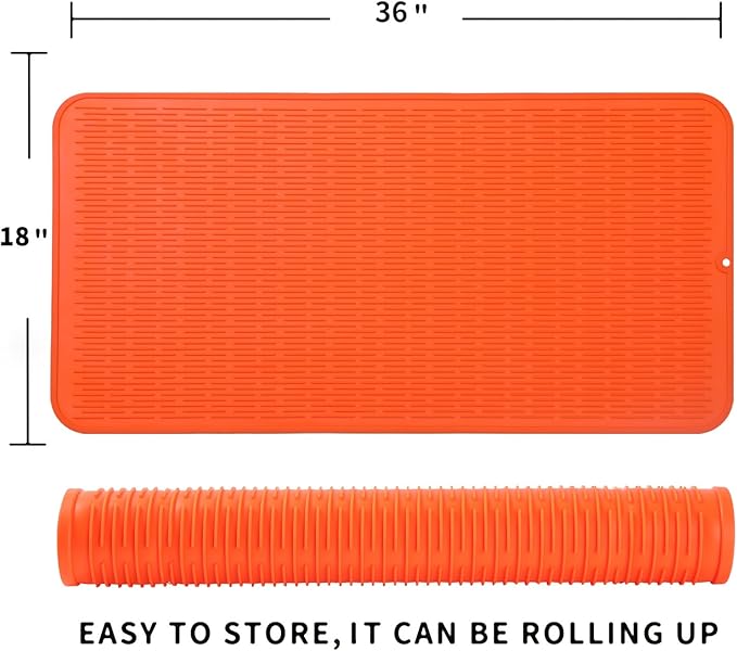Silicone Dish Drying Mat for Multiple Usage,Easy clean,Eco-friendly,Heat-resistant Silicone Mat for Kitchen Counter or Sink,Refrigerator or Drawer Liner Orange 5XL 36inches x 18inches - Bloomnest