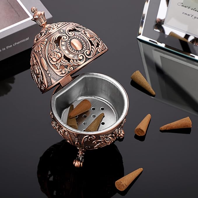 JUXYES Vintage Incense Burner Holder with Removable Ash Catchers, Metal Censer Antique Cone Coil Incense Burner Holder Zinc Alloy Spiritual Aromatherapy Yoga Meditation Gifts Retro Home Decoration - Bloomnest