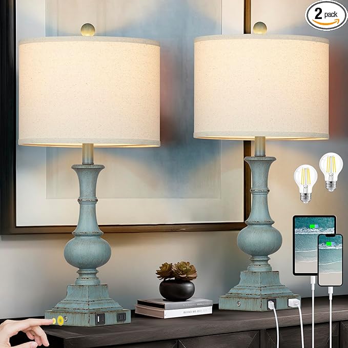 Farmhouse Table Lamps Set of 2, Rustic Touch Control Bedside Lamps with 2 USB Ports & AC Outlet, Vintage Resin 3-Way Dimmable Nightstand Lamp Linen Fabric Shade for Living Room Bedroom Decor Blue - Bloomnest